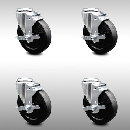 5 Inch SS Soft Rubber Wheel Swivel Bolt Hole Caster Set With Brake SCC